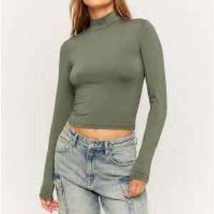 😍2/$20 Gaze Sz S 90s Y2K Mock Neck Crop Long Sleeve Top Green